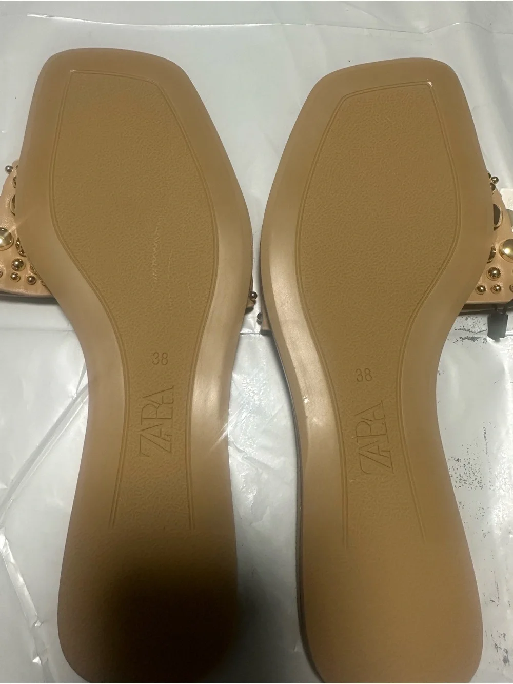Zara Rose-Beige Studded Slide Sandals with Gold Accents